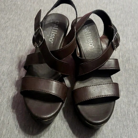 Y2K Early 2000's Callisto Strappy Chocolate Brown Faux Leather Wedge Heels - Picture 4 of 17